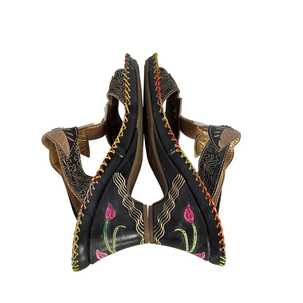Elite‎ by Corkys Cactus Floral Leather Wedge Sandals Black Art US 9 EU 39
